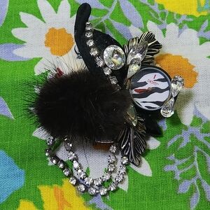 Digits Vintage 80s Bonetto Lady Mink Fur Zebra Watch Rhinestone Brooch Pin